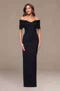Betsy & Adam Black Brocade Jacquard Off-The-Shoulder Long Dress Size 2P $269