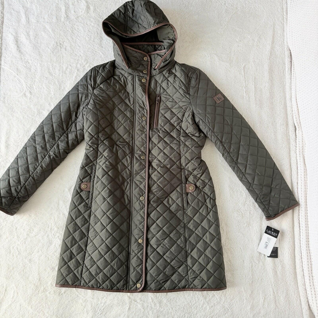 Quilted Faux-Suede Trim Coat with Hood by Lauren Ralph Lauren 1x new