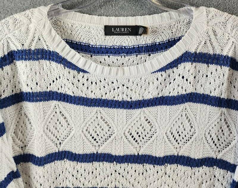 Lauren Ralph Lauren Striped Pointelle Sweater Women's White/Blue Pullover sweater