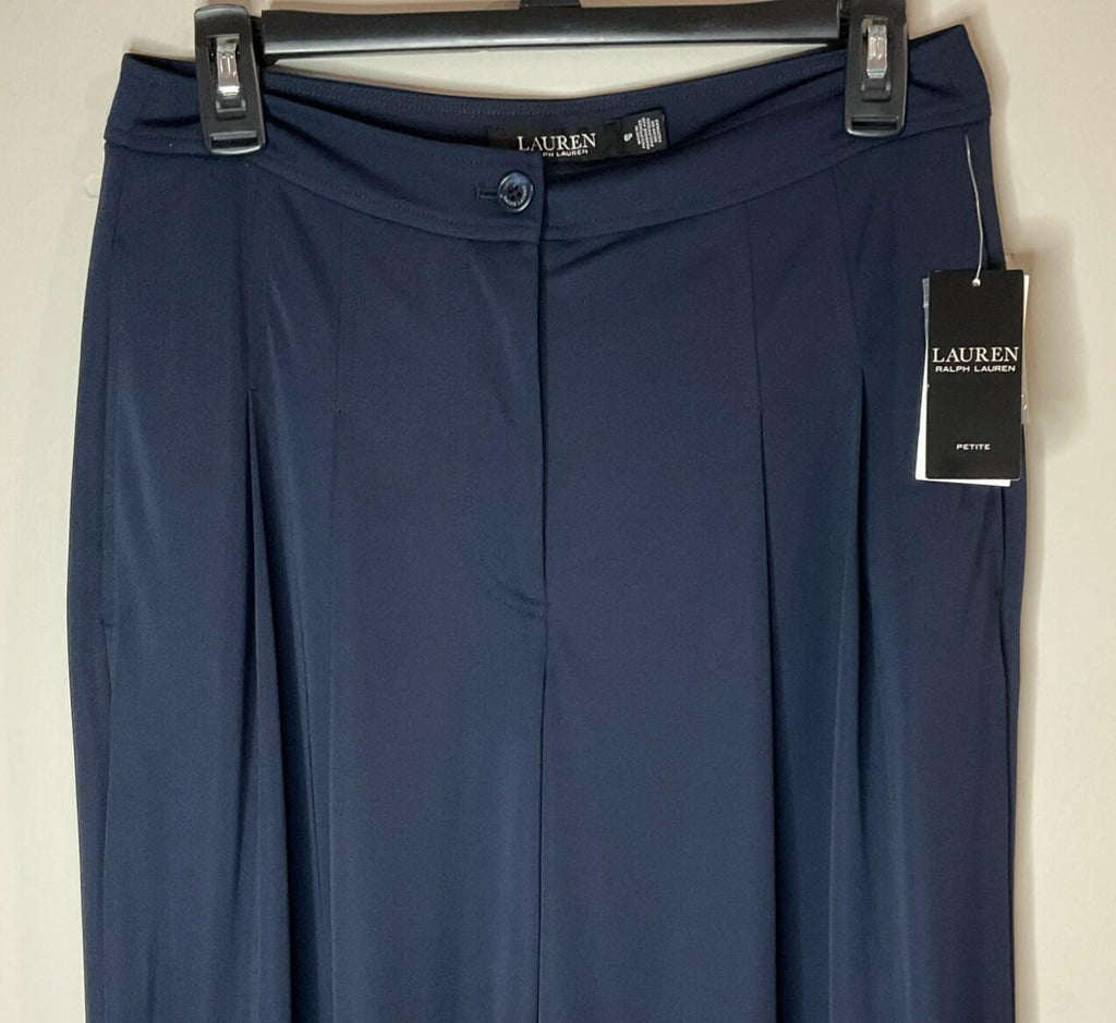 LAUREN RALPH LAUREN PETITE Pleated Stretch Jersey Wide-Leg Pant Navy NWT