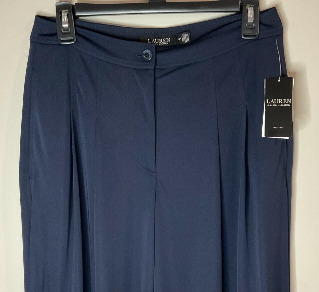 LAUREN RALPH LAUREN PETITE Pleated Stretch Jersey Wide-Leg Pant Navy NWT