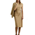 Lauren Ralph Lauren Buckle Trim Jersey Boatneck Dress Beige Womens Cap Sleeve