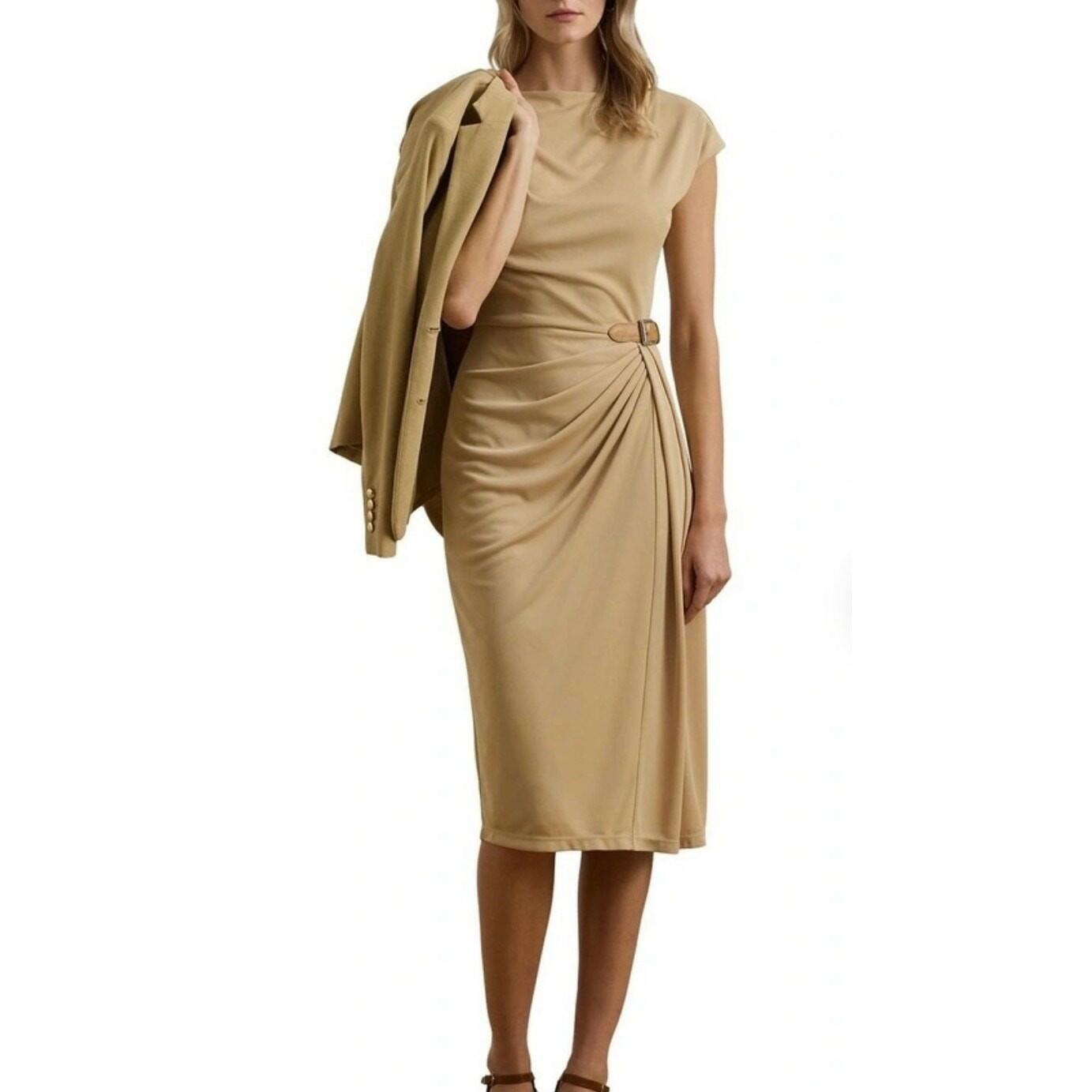 Lauren Ralph Lauren Buckle Trim Jersey Boatneck Dress Beige Womens Cap Sleeve