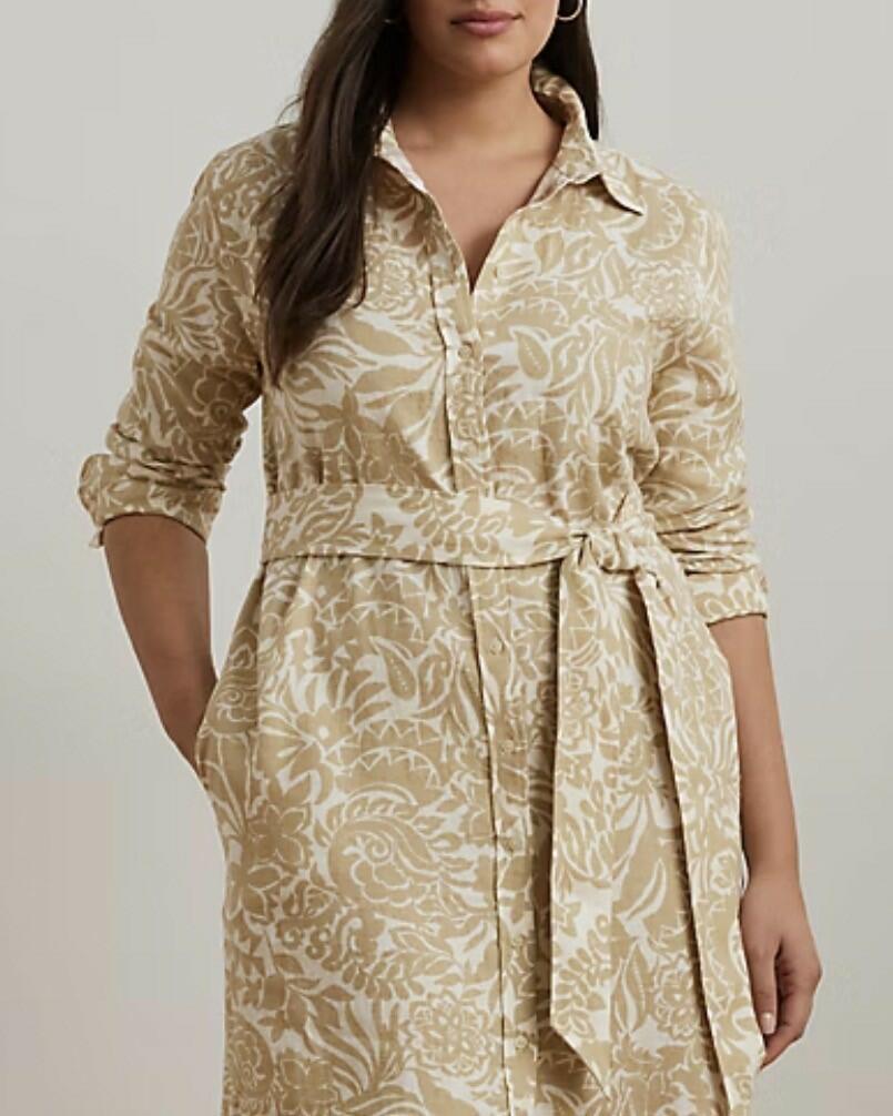 new Lauren Ralph Lauren, Women's, Plus Size Floral Linen Shirtdress, Cream/Tan, 22W