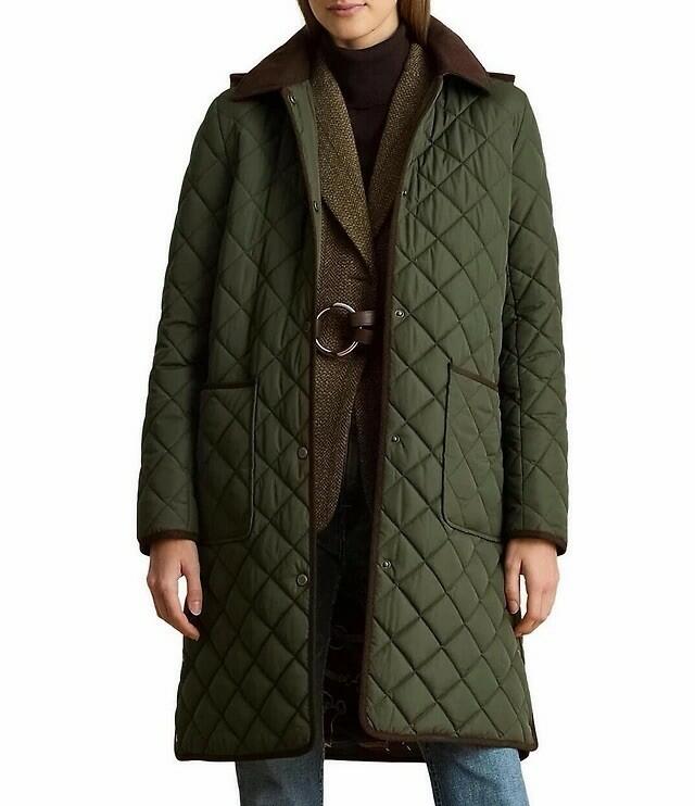 Quilted Faux-Suede Trim Coat with Hood by Lauren Ralph Lauren 1x new