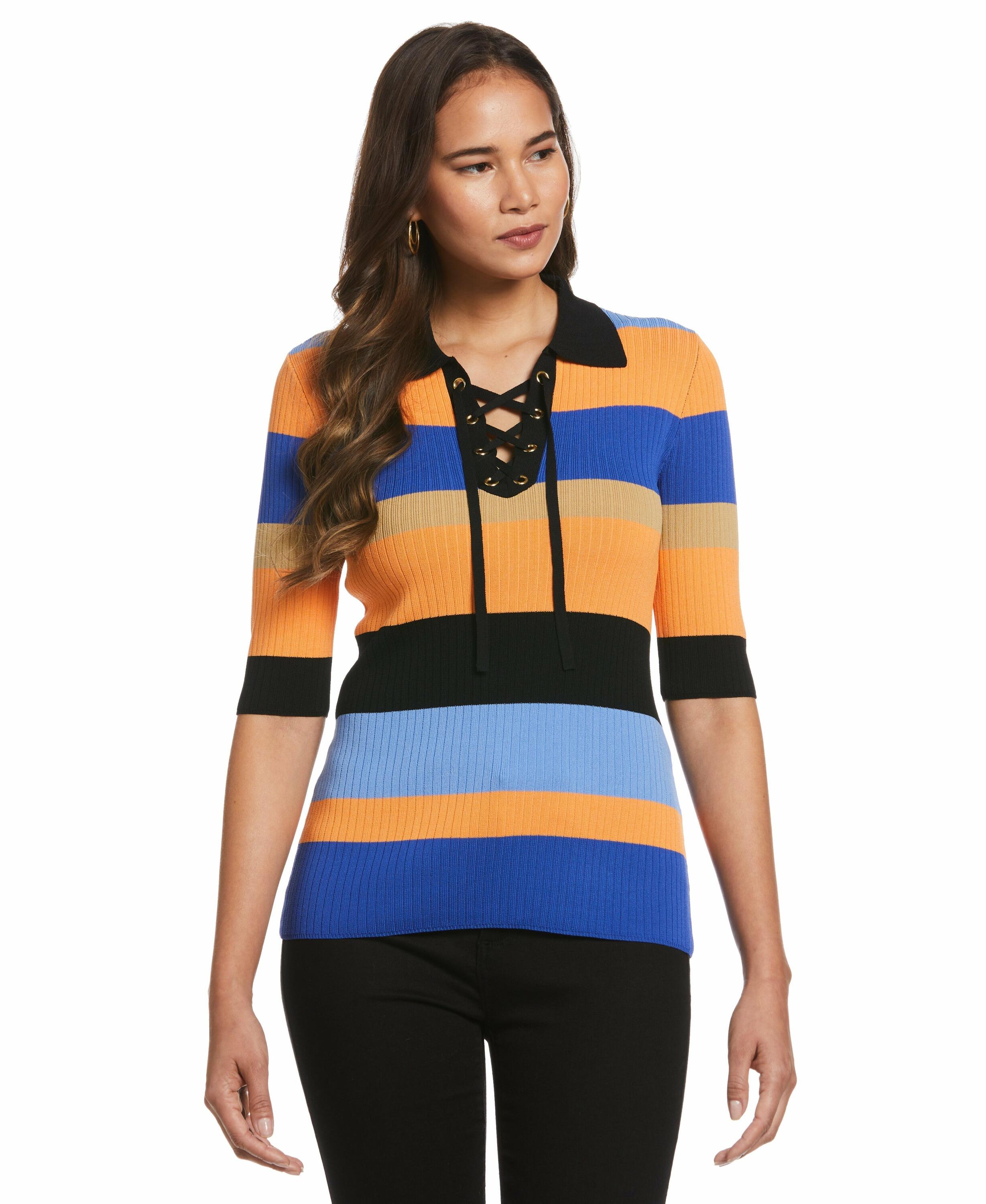 Ella by Rafaella Women's Plus Size Lace-Up Polo Sweater Top in Dazzling Blue, Size 1X, Stripe, Polyamide/Viscose