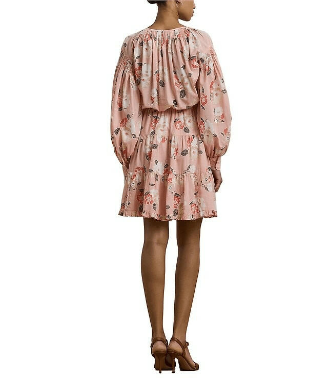 Lauren Ralph Lauren Floral Voile Tiered Tie-Neck Dress Pink size 16 new