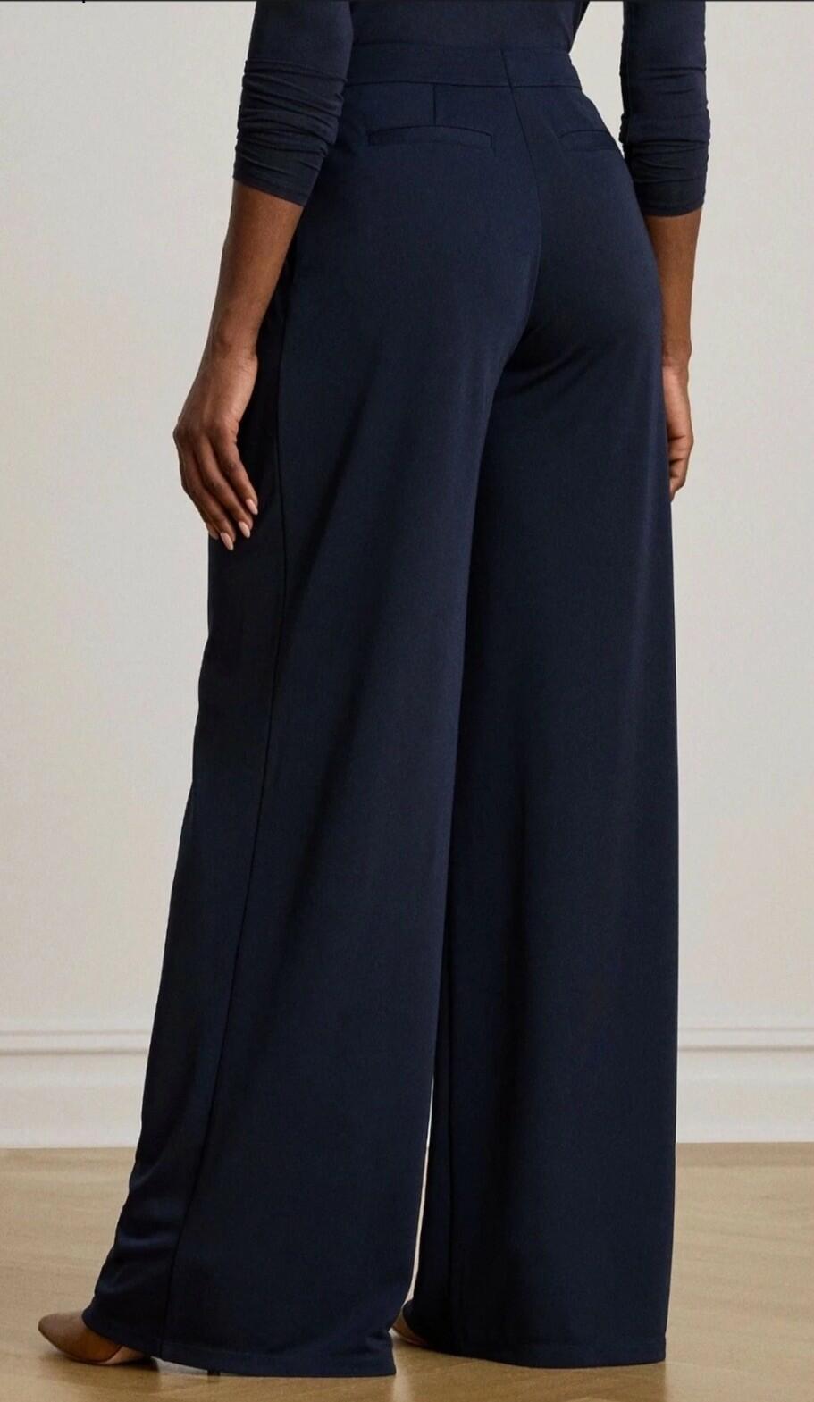 LAUREN RALPH LAUREN PETITE Pleated Stretch Jersey Wide-Leg Pant Navy NWT