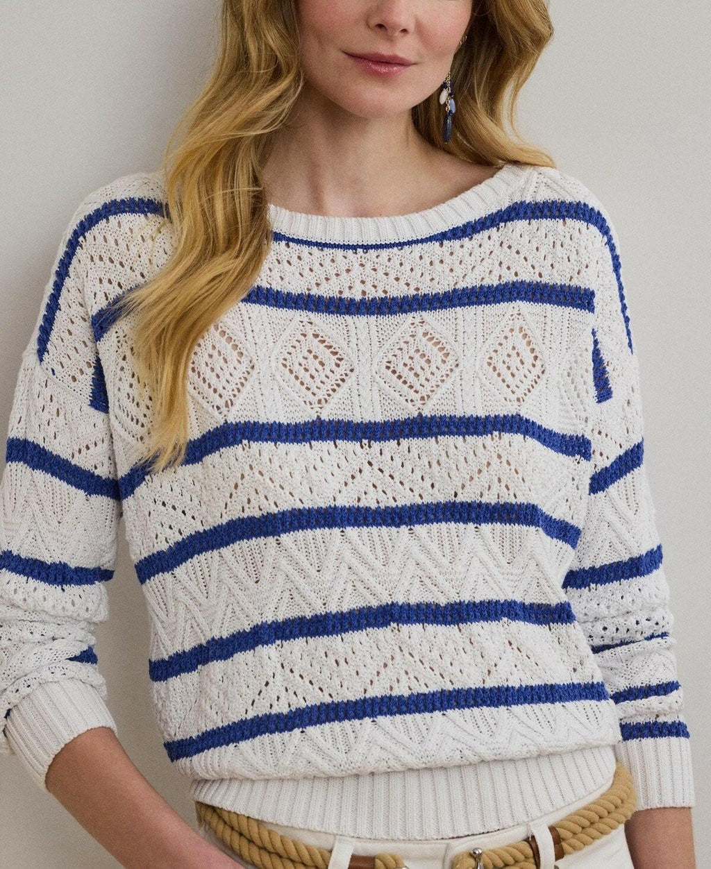Lauren Ralph Lauren Striped Pointelle Sweater Women's White/Blue Pullover sweater