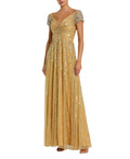 Mac Duggal Striped Sequin Mesh Gown With Beaded Shoulders gold