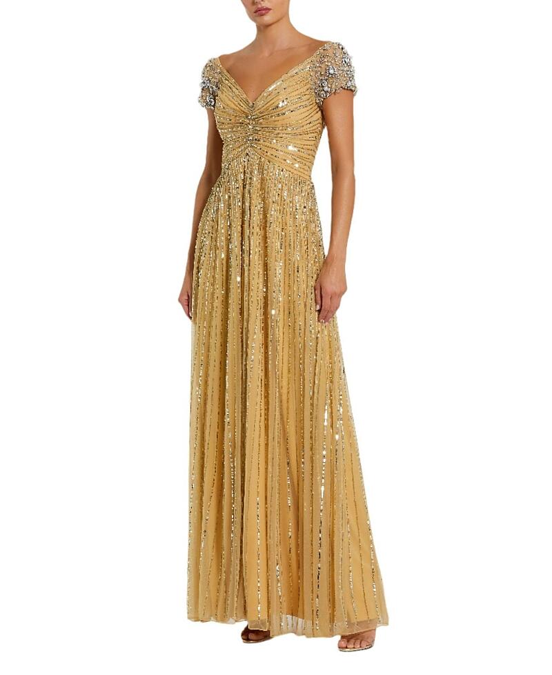 Mac Duggal Striped Sequin Mesh Gown With Beaded Shoulders gold