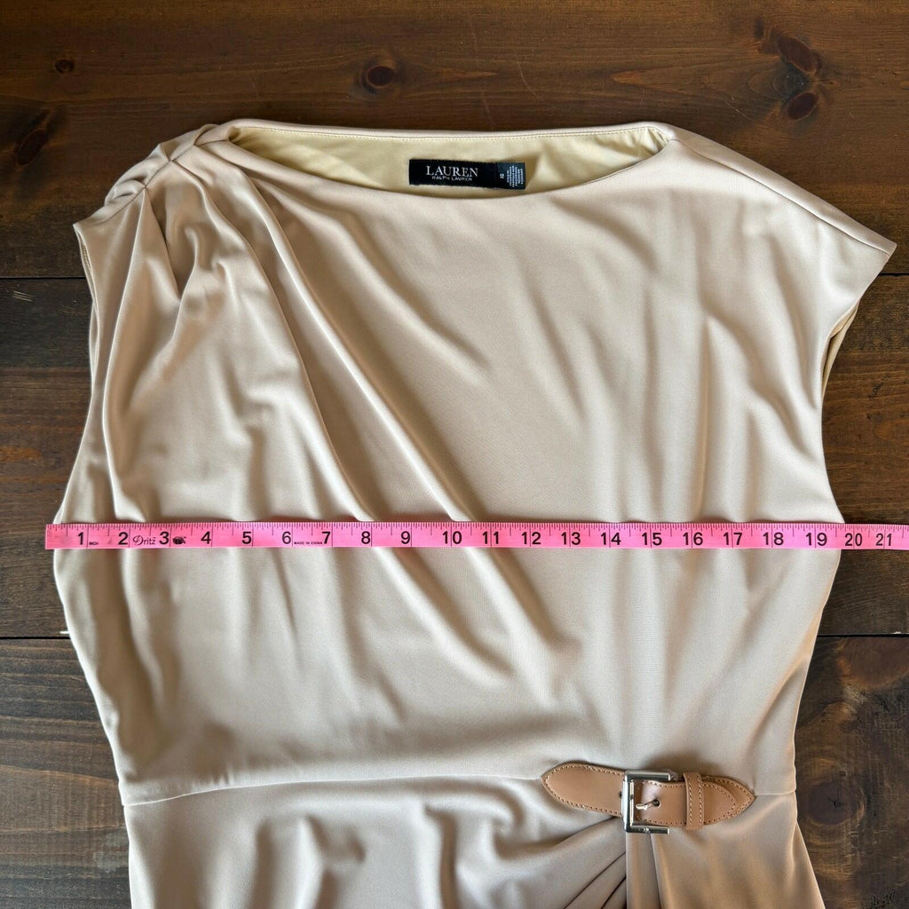 Lauren Ralph Lauren Buckle Trim Jersey Boatneck Dress Beige Womens Cap Sleeve