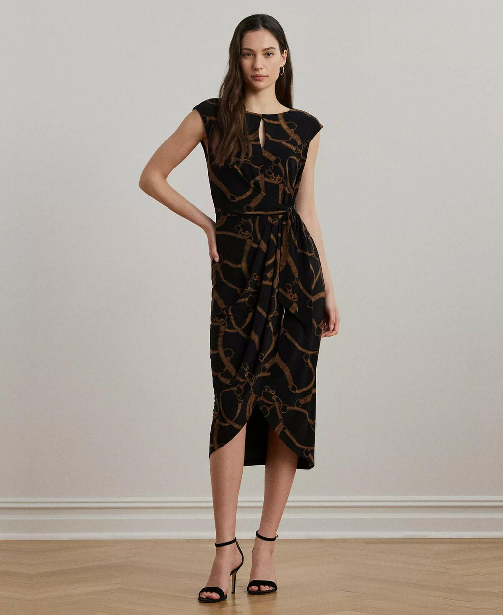 Lauren Ralph Lauren Women's Belting-Print Jersey Tie-Front Dress Black Tan