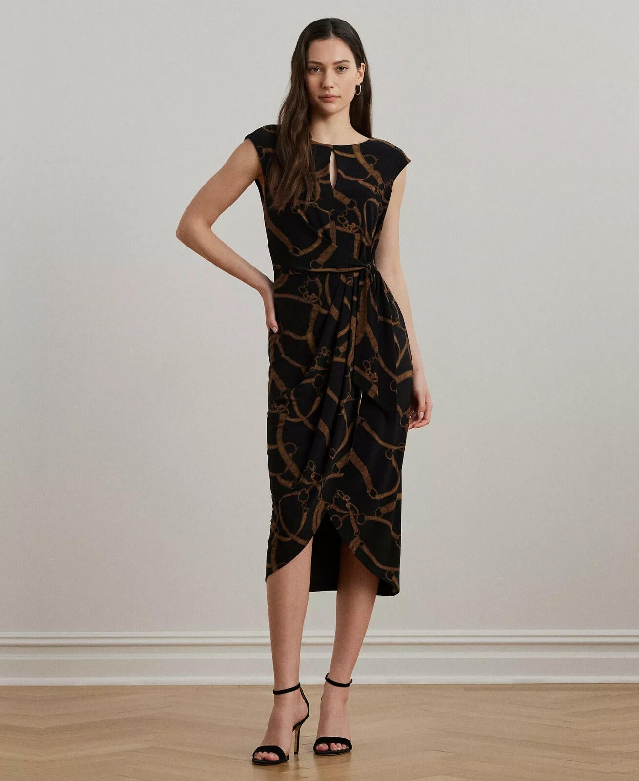 Lauren Ralph Lauren Women's Belting-Print Jersey Tie-Front Dress Black Tan