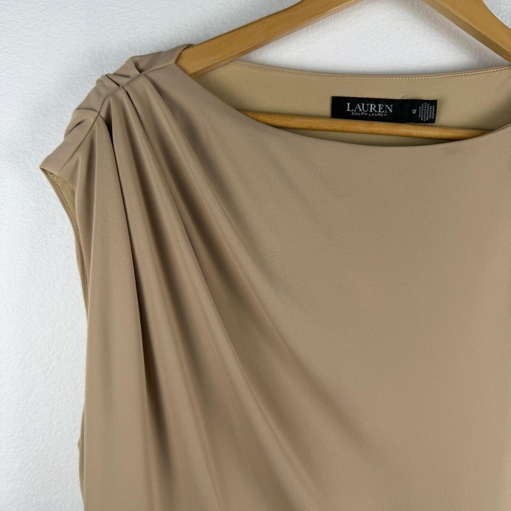 Lauren Ralph Lauren Buckle Trim Jersey Boatneck Dress Beige Womens Cap Sleeve