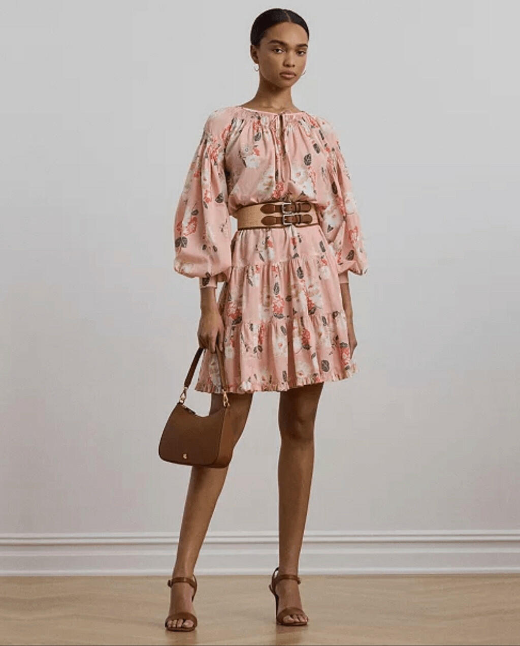 Lauren Ralph Lauren Floral Voile Tiered Tie-Neck Dress Pink size 16 new