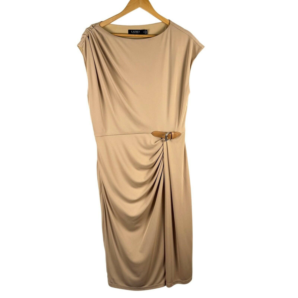 Lauren Ralph Lauren Buckle Trim Jersey Boatneck Dress Beige Womens Cap Sleeve