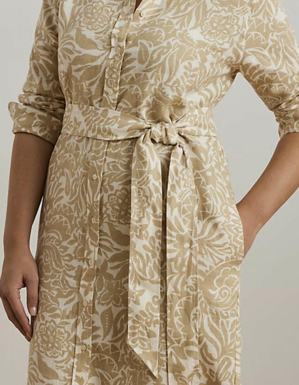 new Lauren Ralph Lauren, Women's, Plus Size Floral Linen Shirtdress, Cream/Tan, 22W