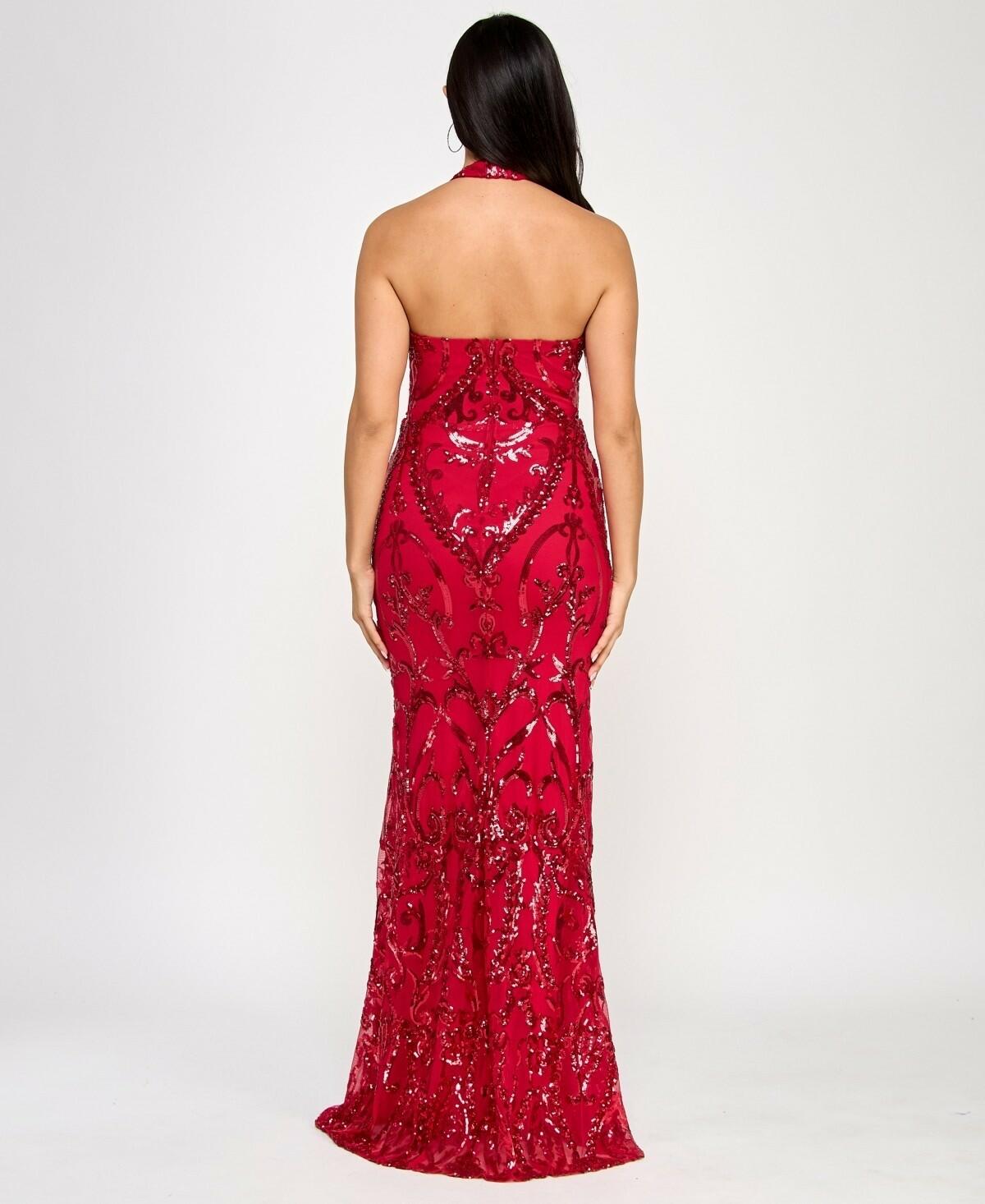 B Darlin Juniors' Sequined Halter-Neck Evening Gown  Red  9/10