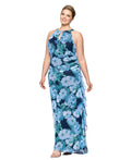 betsey & adam Blue Floral Mesh Ruffle Floor Length Swing Dress by B287
