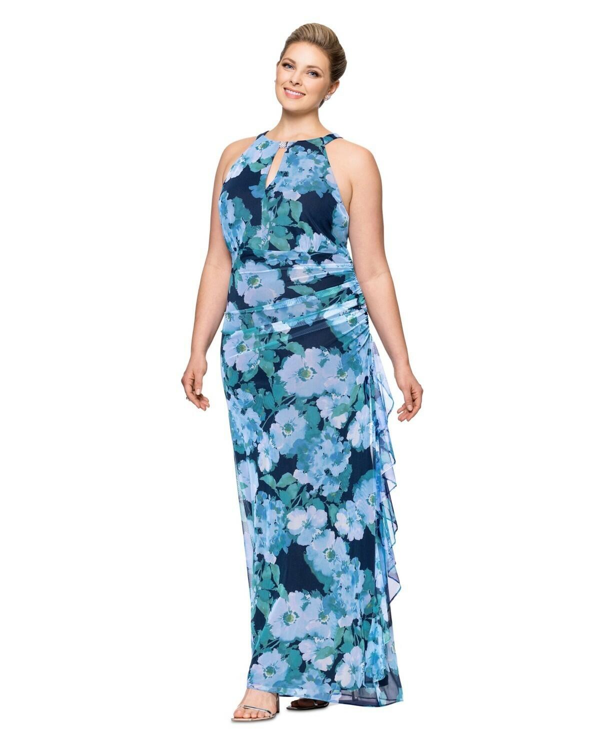 betsey & adam Blue Floral Mesh Ruffle Floor Length Swing Dress by B287