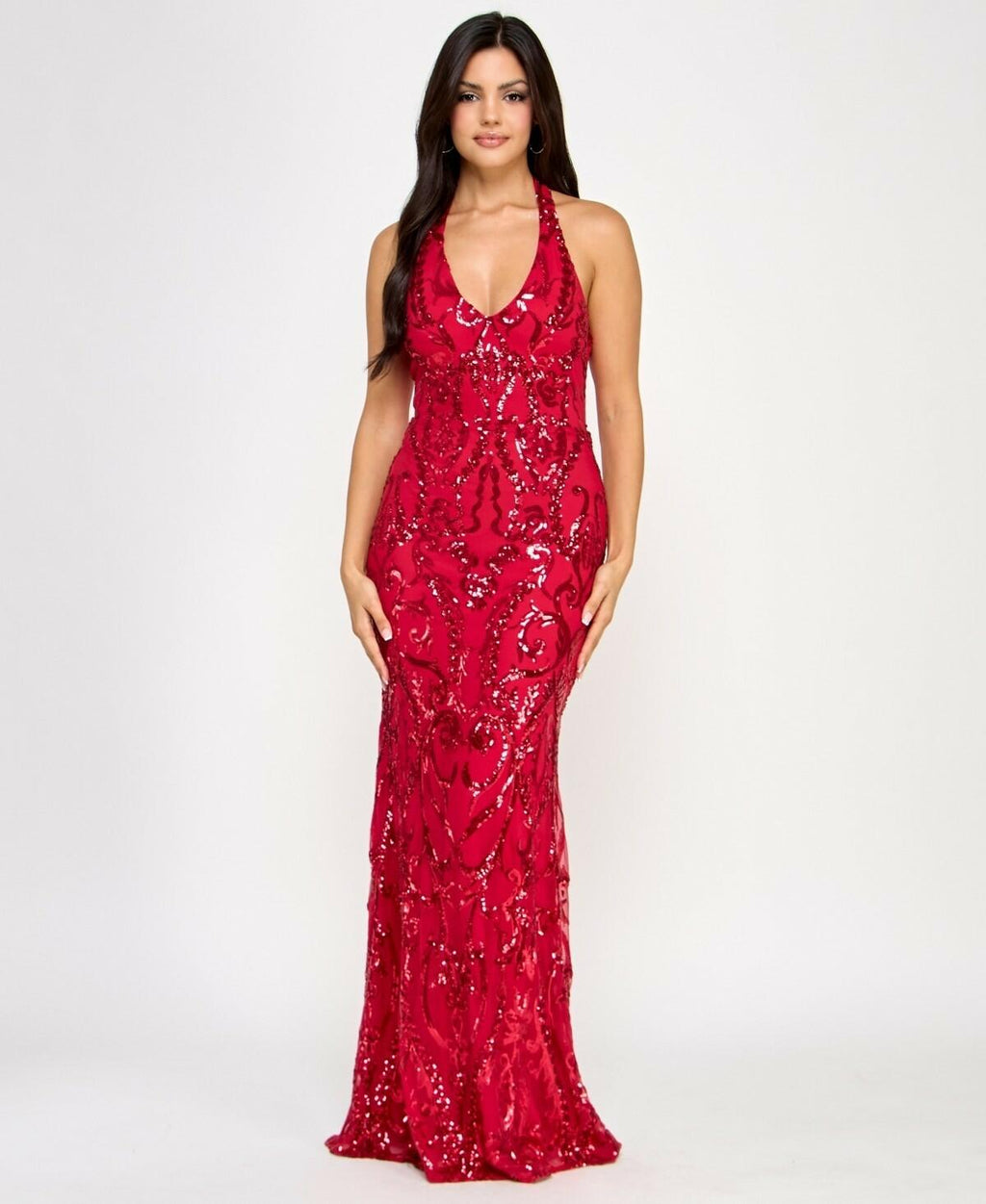 B Darlin Juniors' Sequined Halter-Neck Evening Gown  Red  9/10