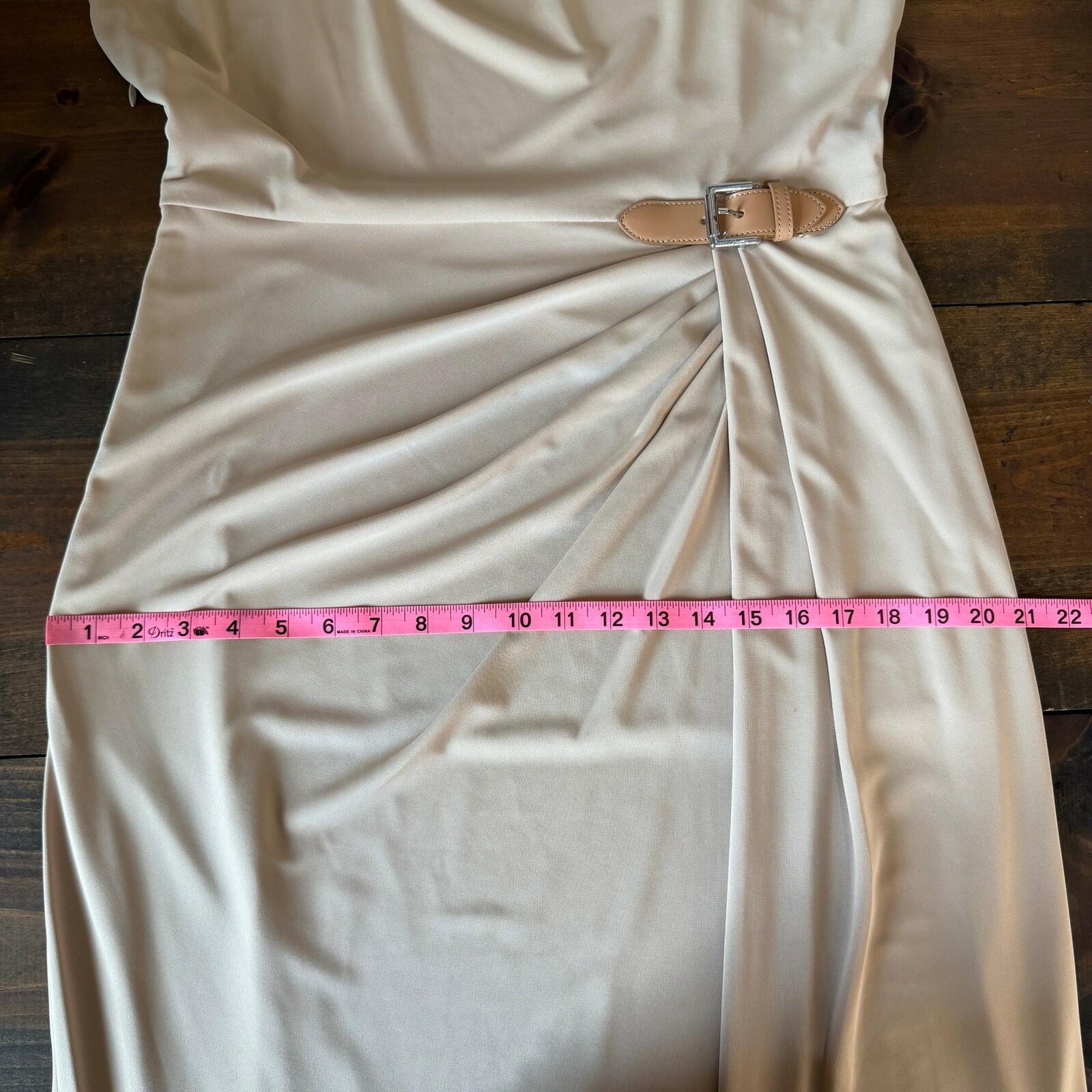Lauren Ralph Lauren Buckle Trim Jersey Boatneck Dress Beige Womens Cap Sleeve
