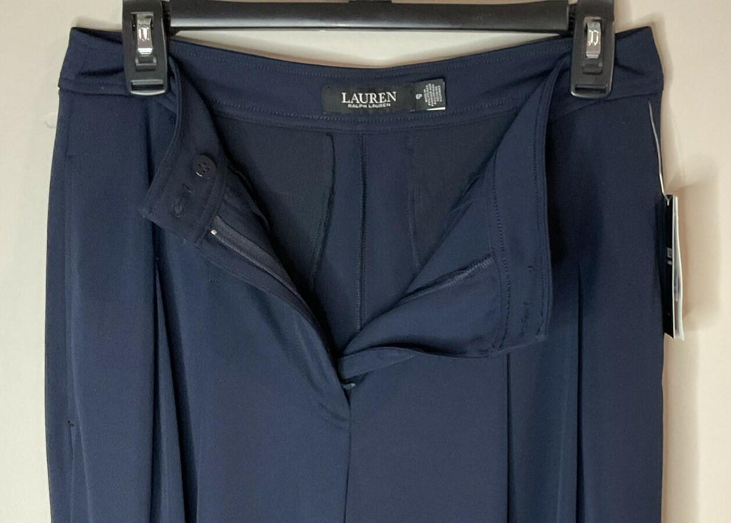 LAUREN RALPH LAUREN PETITE Pleated Stretch Jersey Wide-Leg Pant Navy NWT
