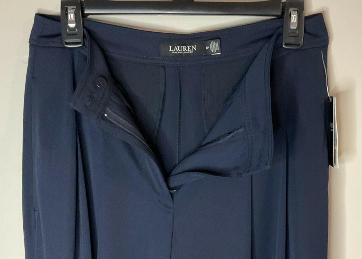 LAUREN RALPH LAUREN PETITE Pleated Stretch Jersey Wide-Leg Pant Navy NWT