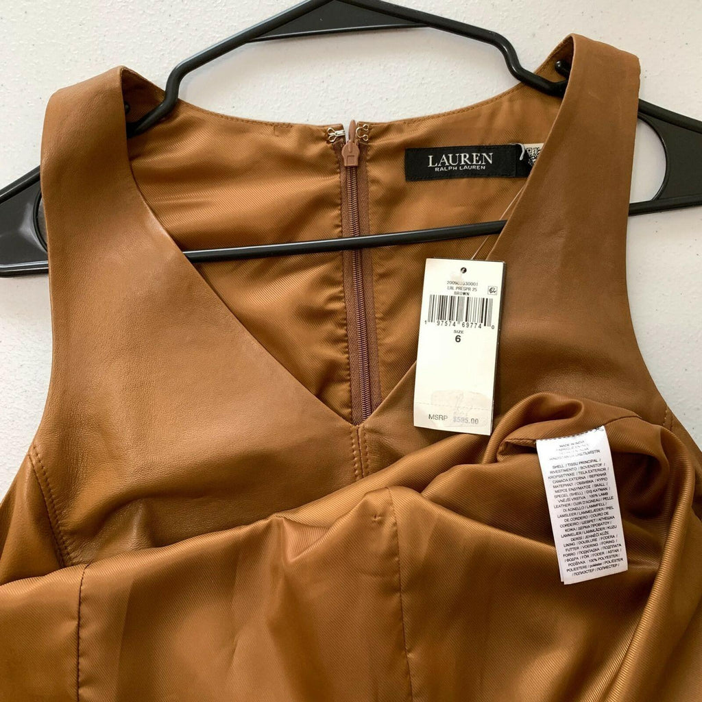 Lauren Ralph Lauren Women’s NWT Brown Lamb Leather Sleeveless Dress size 6