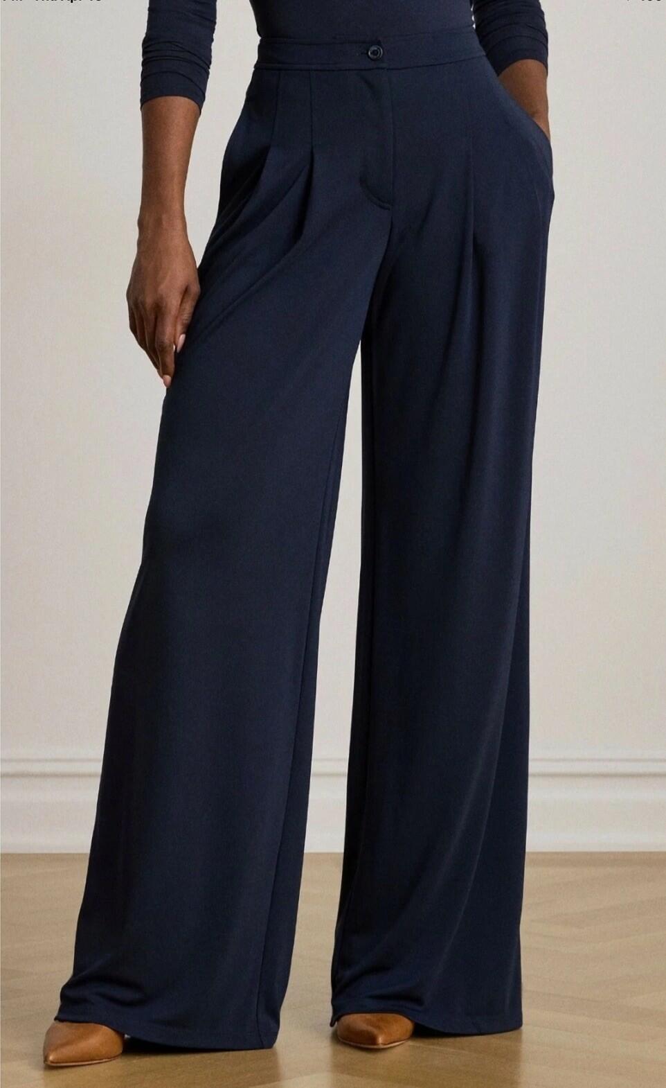 LAUREN RALPH LAUREN PETITE Pleated Stretch Jersey Wide-Leg Pant Navy NWT