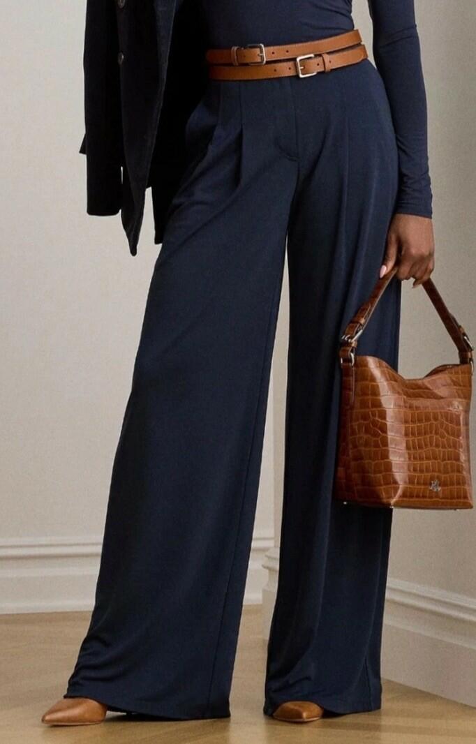 LAUREN RALPH LAUREN PETITE Pleated Stretch Jersey Wide-Leg Pant Navy NWT