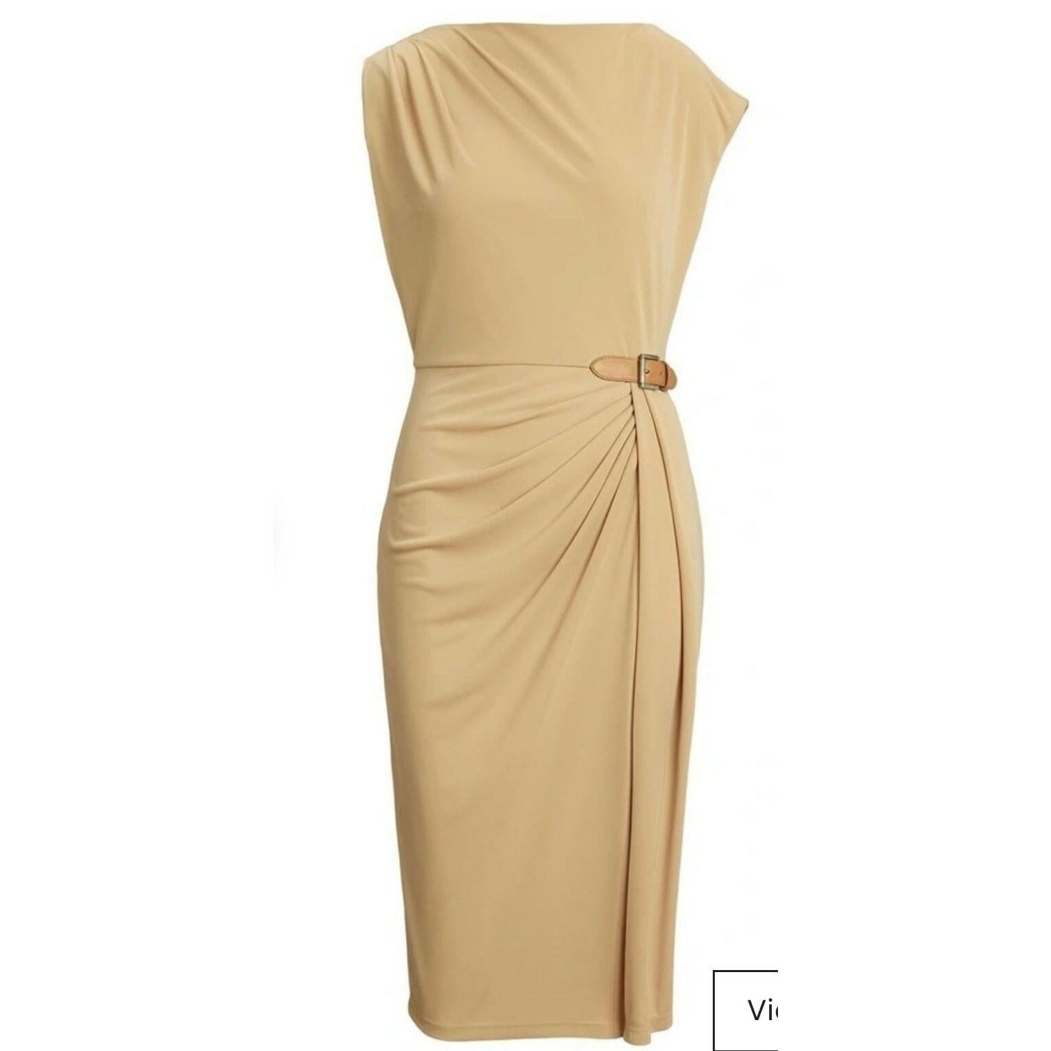 Lauren Ralph Lauren Buckle Trim Jersey Boatneck Dress Beige Womens Cap Sleeve