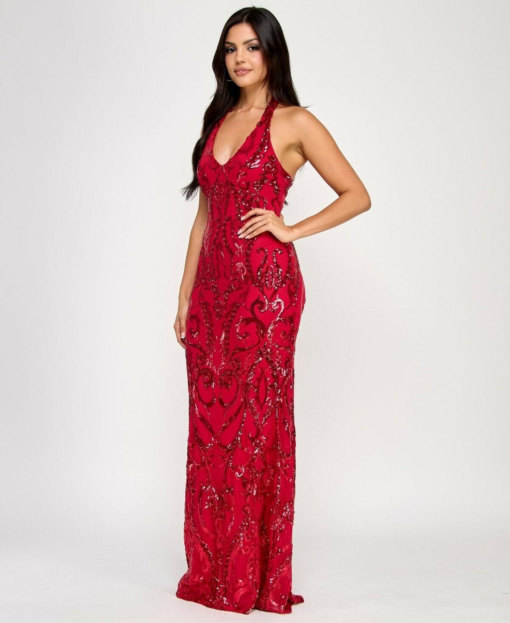 B Darlin Juniors' Sequined Halter-Neck Evening Gown  Red  9/10