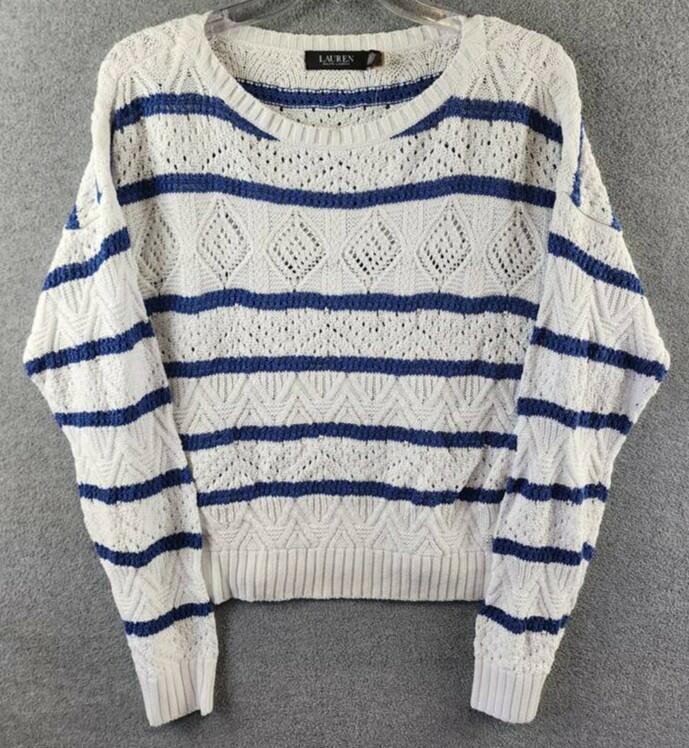 Lauren Ralph Lauren Striped Pointelle Sweater Women's White/Blue Pullover sweater
