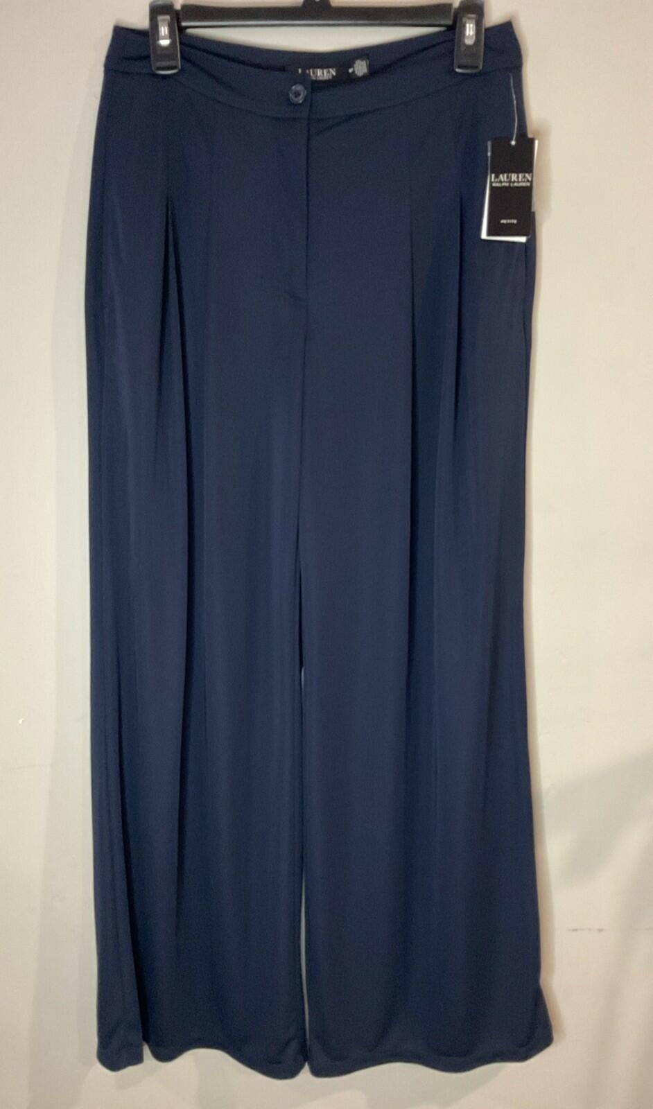 LAUREN RALPH LAUREN PETITE Pleated Stretch Jersey Wide-Leg Pant Navy NWT