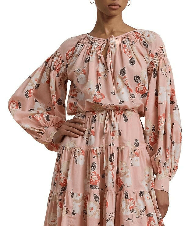 Lauren Ralph Lauren Floral Voile Tiered Tie-Neck Dress Pink size 16 new