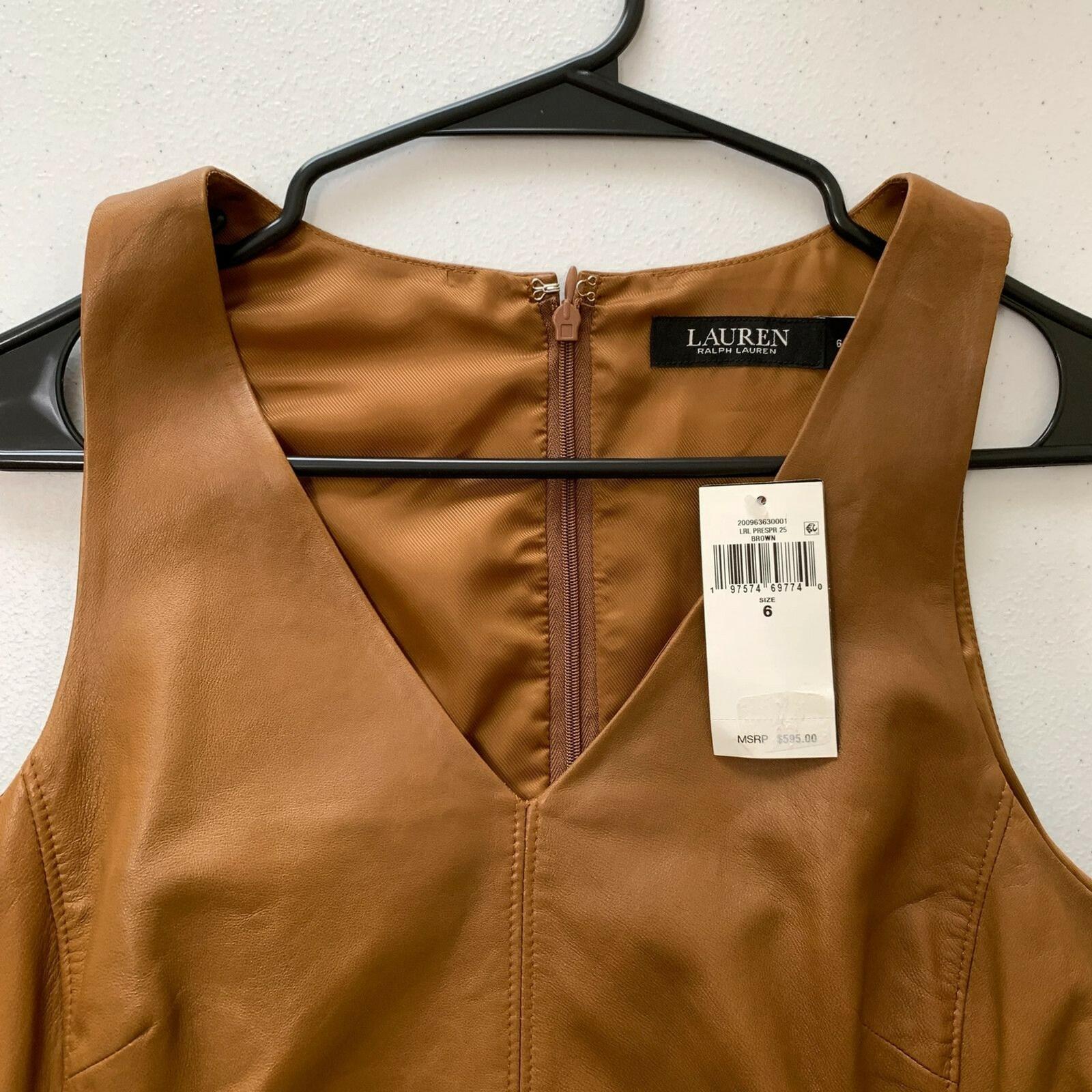 Lauren Ralph Lauren Women’s NWT Brown Lamb Leather Sleeveless Dress size 6