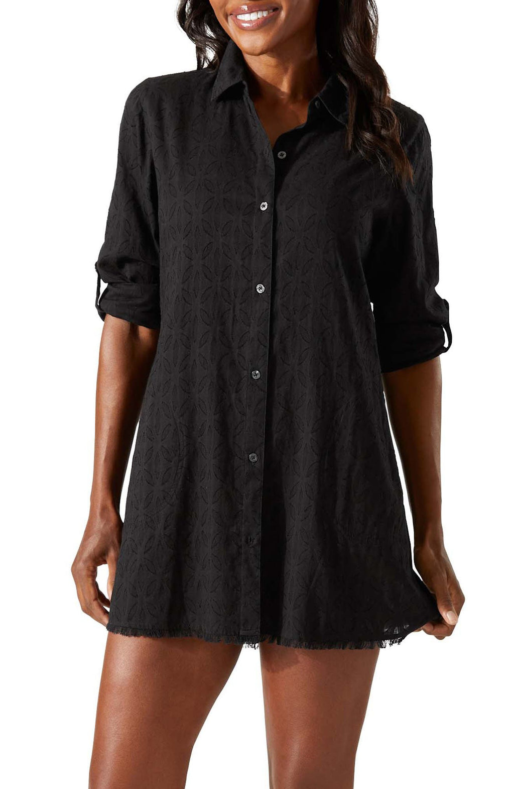 Tommy Bahama Cotton Clip Jacquard Boyfriend Cover-Up Shirt in Black