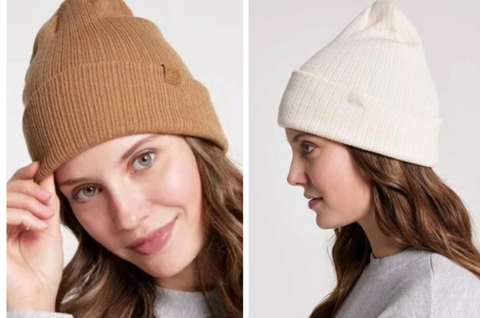 Two CALIA Women's Ribbed Beanie In Ivory And Tan OSFM NEW $25