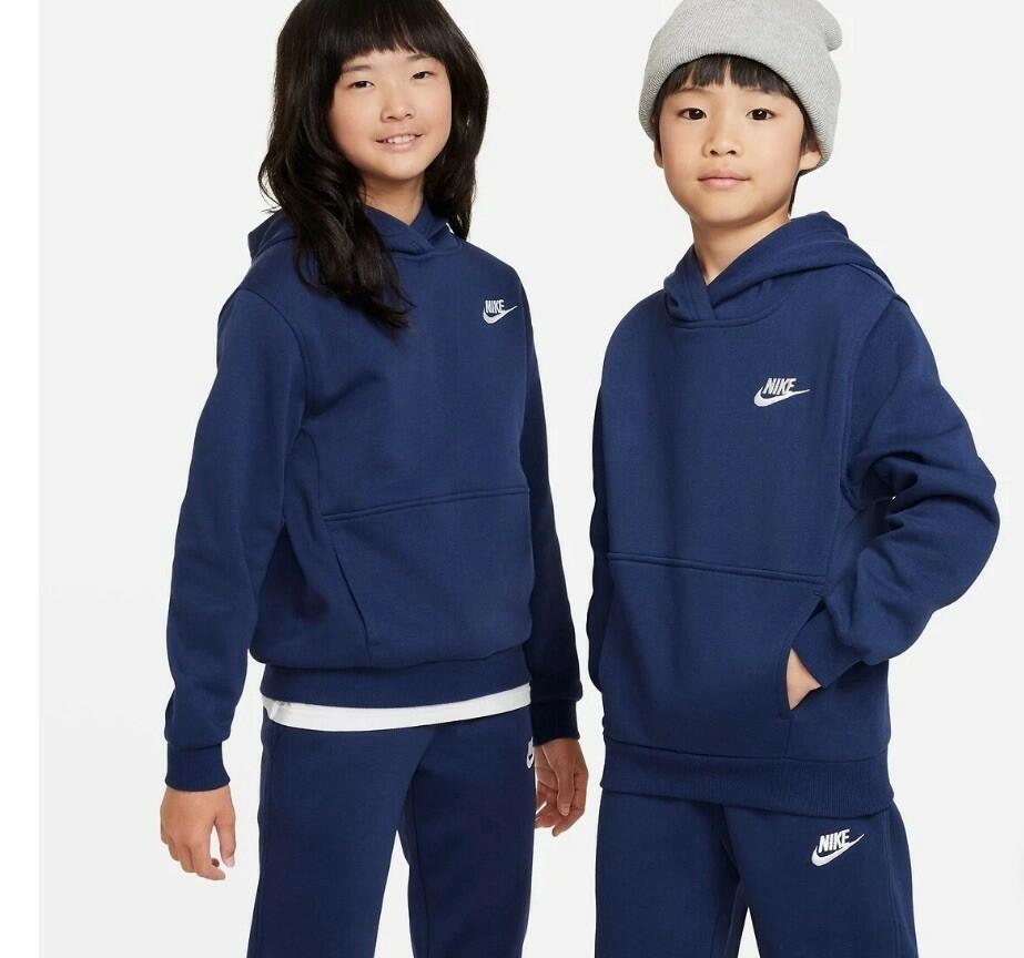 Nike Club Hoodie Unisex Kids L Navy Cotton Pockets Long Sleeve Pullover TLW165