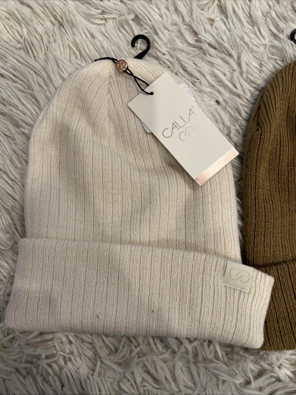 Two CALIA Women's Ribbed Beanie In Ivory And Tan OSFM NEW $25