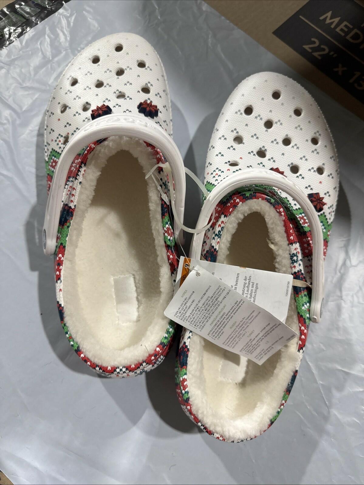 Crocs Unisex-Adult Classic Lined Holiday Clogs US Size 12 M White Sweater NEW