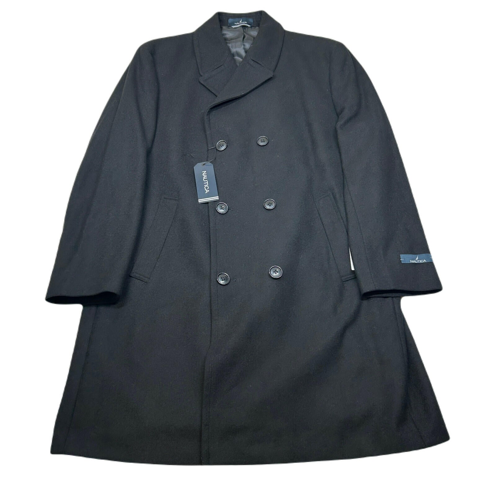 Nautica Men's Classic-Fit Double Breasted Wool Overcoat in black 44R
