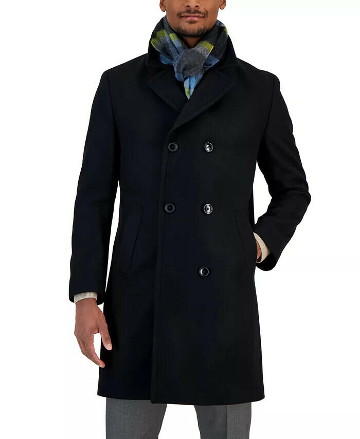 Nautica Men's Classic-Fit Double Breasted Wool Overcoat in black 44R