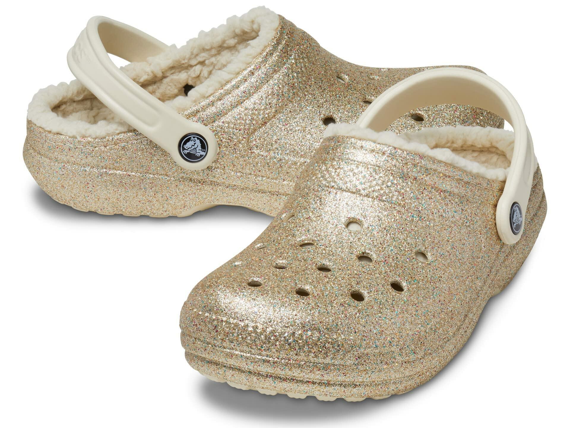 Crocs Classic Lined Glitter Unisex Clog Shoes - Faux Fur Lining - Lightweight Construction - Slip-on Style Multi/Gold Glitter Men's 13, Women's 15 Medium