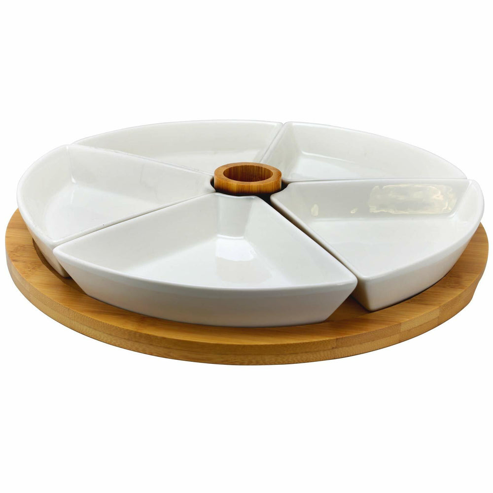 Elama Signature 7 Piece Appetizer Serving Set with 5 Serving Dishes, Center Tooth Pick Holder and Bamboo Serving Tray