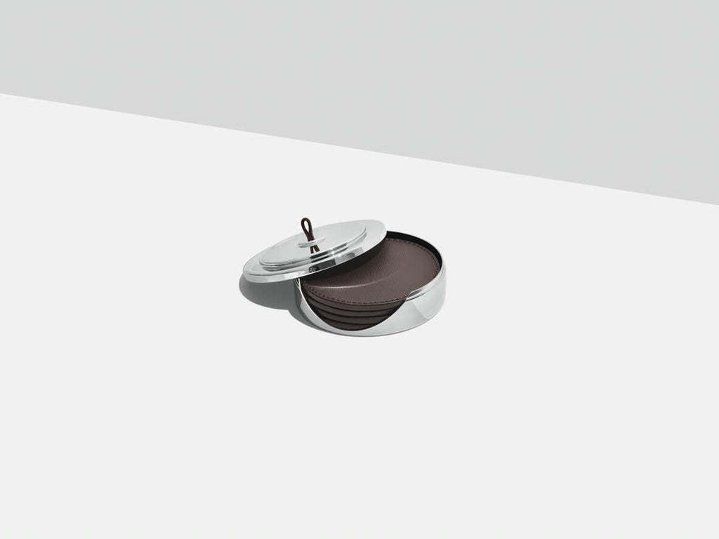 Georg Jensen Manhattan Collection Coaster Set, Set of 4 Leather Coasters in Stainless Steel Case