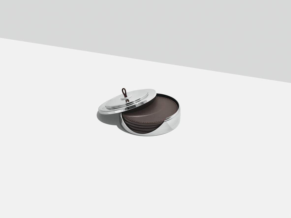 Georg Jensen Manhattan Collection Coaster Set, Set of 4 Leather Coasters in Stainless Steel Case