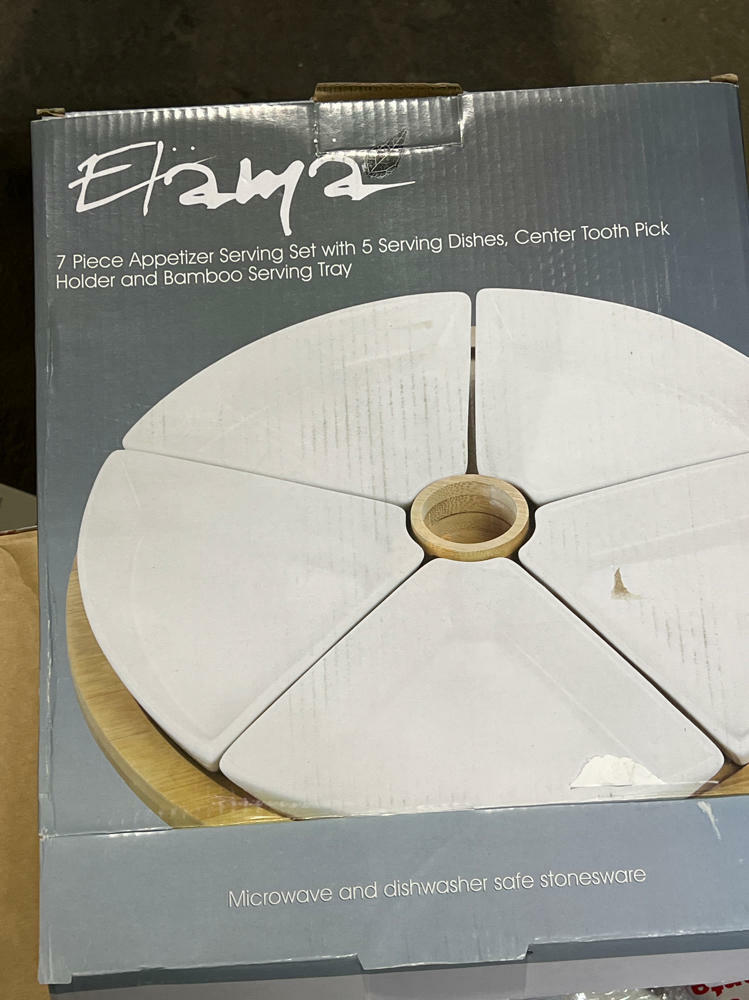 Elama Signature 7 Piece Appetizer Serving Set with 5 Serving Dishes, Center Tooth Pick Holder and Bamboo Serving Tray